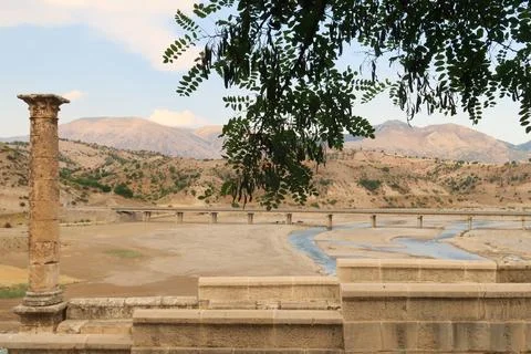 View from the Severan, Cendere onto the riverbed behind it, close to Adiyam.. Stock Photos