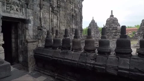 View of Sewu Main Temple Facade, Carvings, Buddhist Stupas on Terrace, Indonesia Stock Footage 282725736