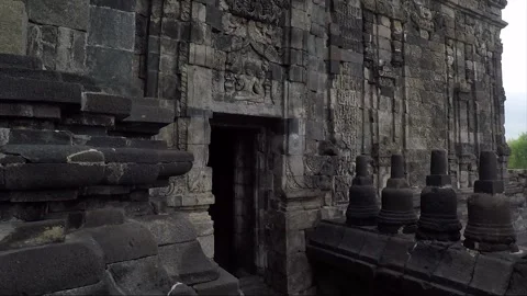 View of Sewu Main Temple Facade, Carvings, Buddhist Stupas on Terrace, Indonesia Stock Footage 282726016
