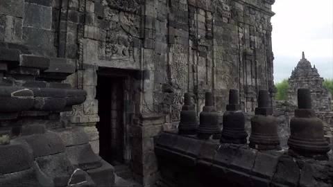 View of Sewu Main Temple Facade, Carvings, Buddhist Stupas on Terrace, Indonesia Stock Footage 282726031