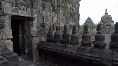View of Sewu Main Temple Facade, Carvings, Buddhist Stupas on Terrace, Indonesia Stock Footage 282726374