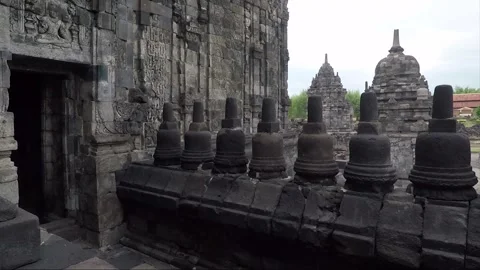 View of Sewu Main Temple Facade, Carvings, Buddhist Stupas on Terrace, Indonesia Stock Footage 282726375
