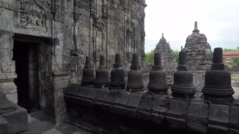 View of Sewu Main Temple Facade, Carvings, Buddhist Stupas on Terrace, Indonesia Stock Footage 282726376