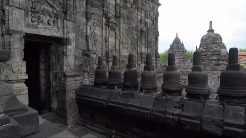 View of Sewu Main Temple Facade, Carvings, Buddhist Stupas on Terrace, Indonesia Stock Footage 282726415