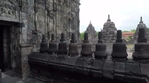 View of Sewu Main Temple Facade, Carvings, Buddhist Stupas on Terrace, Indonesia Stock Footage 282726536
