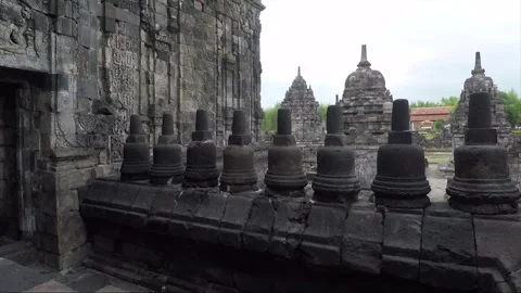 View of Sewu Main Temple Facade, Carvings, Buddhist Stupas on Terrace, Indonesia Stock Footage 282726544