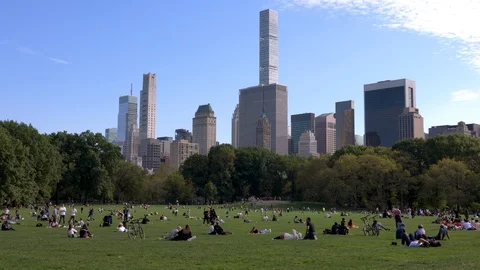 View of Sheep Meadow in Central Park with the Manhattan skyline in New York City Stock Footage 127943446