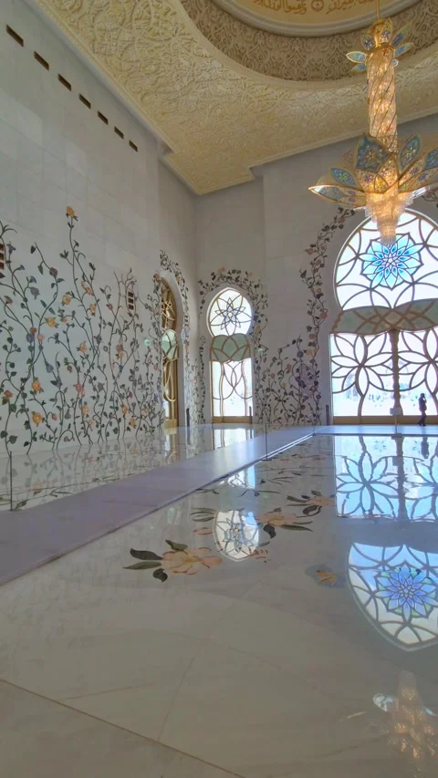 View of Sheikh Zayed Grand Mosque in Abu Dhabi made of snow-white marble with Stock Footage 302546514