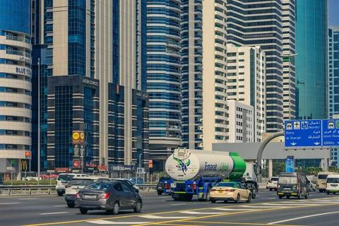View of Sheikh Zayed Road, a bridge and the skyscrapers Stock Photos