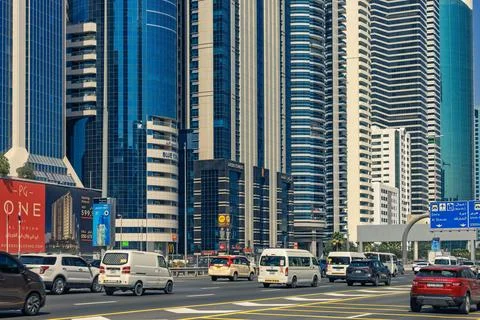 View of Sheikh Zayed Road, a bridge and the skyscrapers Stock Photos
