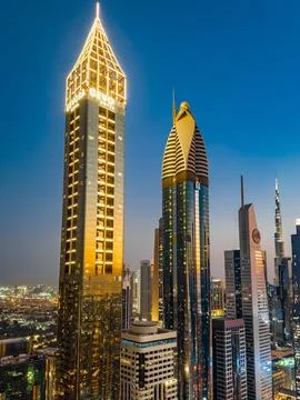 View of Sheikh Zayed Road at sunset in Dubai Downtown Financial center, UAE Stock Photos