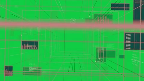 View shift pushing camera, pink grid tunnel drawing panels inward, revealing Stock Footage 340269410