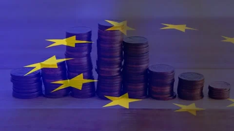 View shifting down right, EU stars drifting over coins, revealing center stacks Stock Footage 328685690