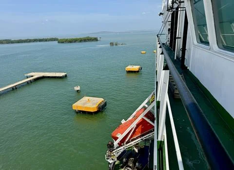 View from Ship Bridge to Stern While Moored at Port with Floating Pontoons Stock Photos