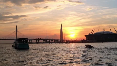 View from the ship. Cable-stayed bridge at sunset, Lakhta Center, magic Stock Footage 276991999