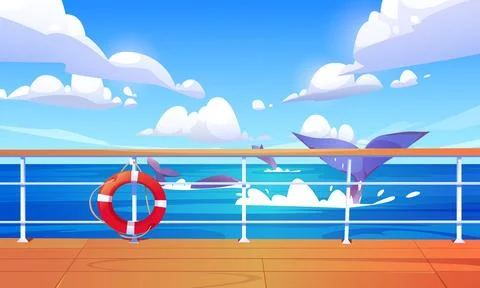 View from ship deck on sea or ocean with whales Stock Illustration
