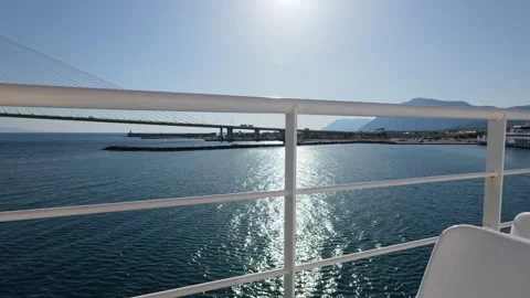 View from ship deck showing bridge and harbor in Greece Stock Footage 317295801