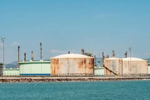 View from a ship of a group of storage tanks accumulating strategic oil Photos