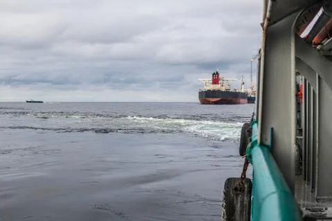 View from ship or vessel deck to open sea - heavy duty work at sea Stock Photos