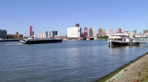 View to the ship passing by the Mass river in Rotterdam, Netherlands. Stock Footage 58541729