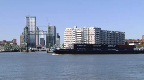 View to the ship passing by the Mass river in Rotterdam, Netherlands. Stock Footage 58542411