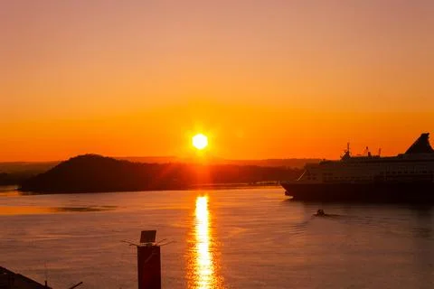 View of ship at sunset Stock Photos