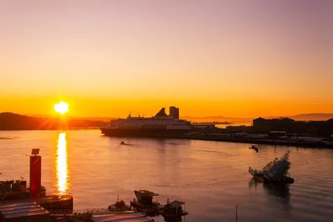 View of ship at sunset Stock Photos