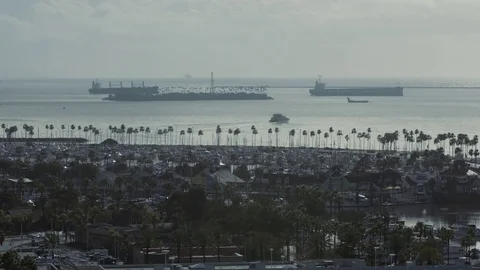 View of ships in the harbor at Long Beach, California HD Stock Footage 84447288