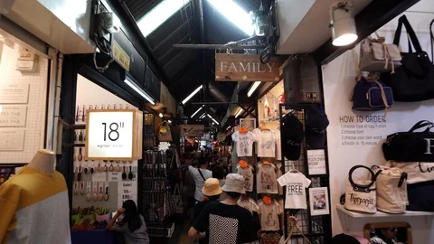 View of shops in Chatuchak Market with crowds visiting. Stock Footage 101558072