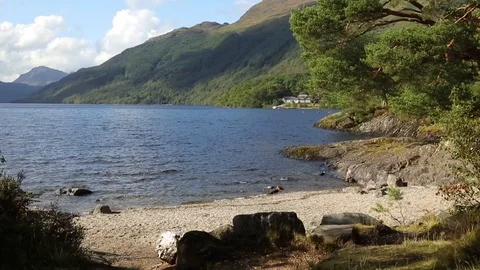 View of the shore of Loch Lomond at Rowardennan, Scotland UK Stock Footage