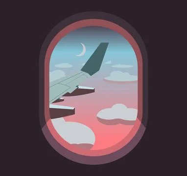 View is showing airplane wing through oval window in flat with clouds, moon, Ilustração Stock