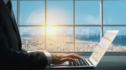 View of Sicily.Close up hand Businessman using laptop Stock Footage 85088674