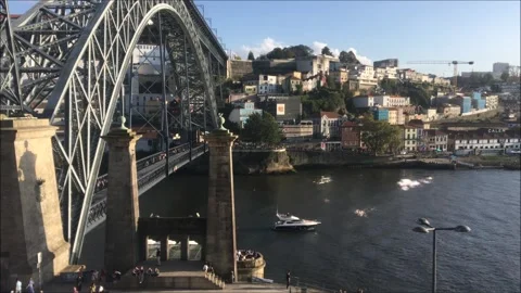 View of the side of the Dom Luis Bridge in Porto Stock Footage 306404444