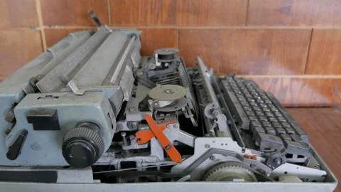 View side of inner parts contained in old typewriter Stock Footage 95265055