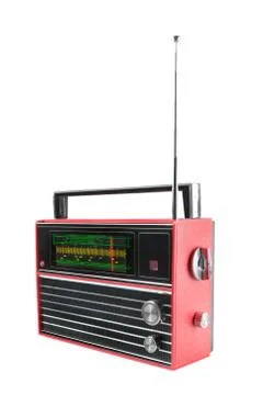 View from side of old red transistor portable radio receiver with telescopic  Stock Photos