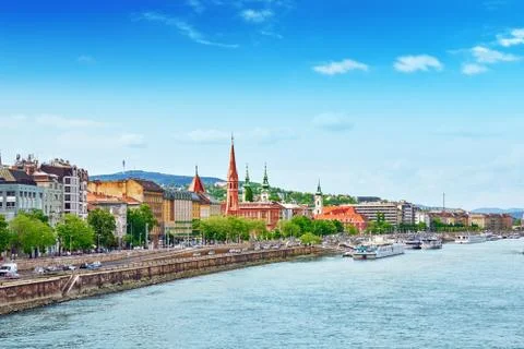 View of the side river Danube and the part of city Budapest- Buda. Stock Photos