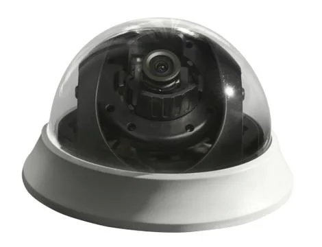 View from side of spherical security camera under transparent protective cove Stock Photos