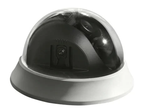 View from side of spherical security camera under transparent protective cove Stock Photos