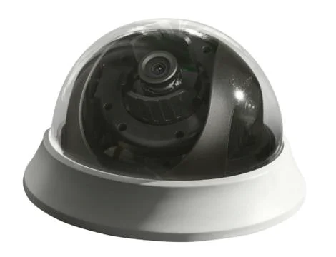 View from side of spherical security camera under transparent protective cove Stock Photos
