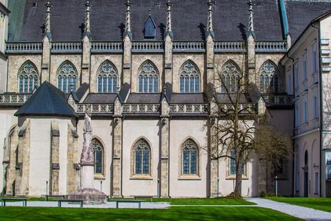 View of the side wall of an ancient abbey in Europe Stock Photos