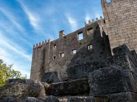 View of a side wall of Guimaraes Castle Stock Photos