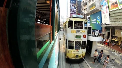 View from the side window of the double-deck tram in Hong Kong, China. Stock Footage 58451763