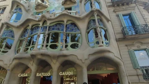 View from the sidewalk to Casa Batllo from the front in Barcelona, Spain Stock Footage 248508894