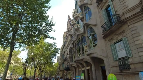 View from the sidewalk to Casa Batllo from the left side in Barcelona, Spain Stock Footage 248508917