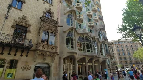 View from the sidewalk to Casa Batllo from the right side in Barcelona, Spain Stock Footage 248508822