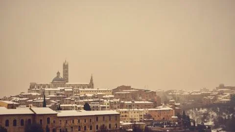 View of Siena in winter during a snowfall 스톡 사진