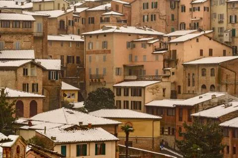 View of Siena in winter during a snowfall 스톡 사진