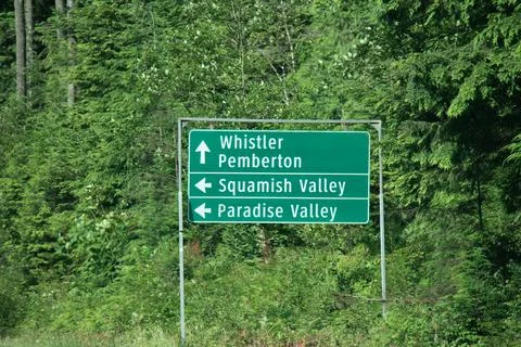 View of sign with directional arrows point to Whistler Pemberton, Squamish Stock Photos