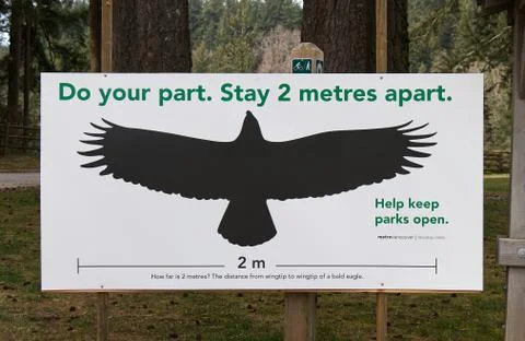 View of sign "Do your part. Stay 2 metres apart" in Capilano River Regional Park Stock Photos