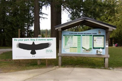 View of sign "Do your part. Stay 2 metres apart" due to COVID-19 prevention Stock Photos